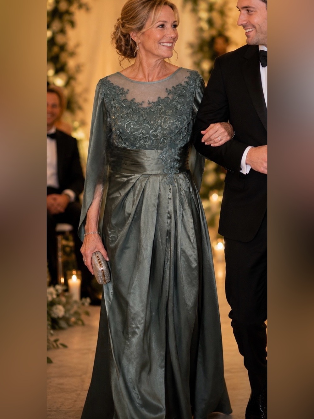 Embroidered Satin Evening Gown in Slate Green